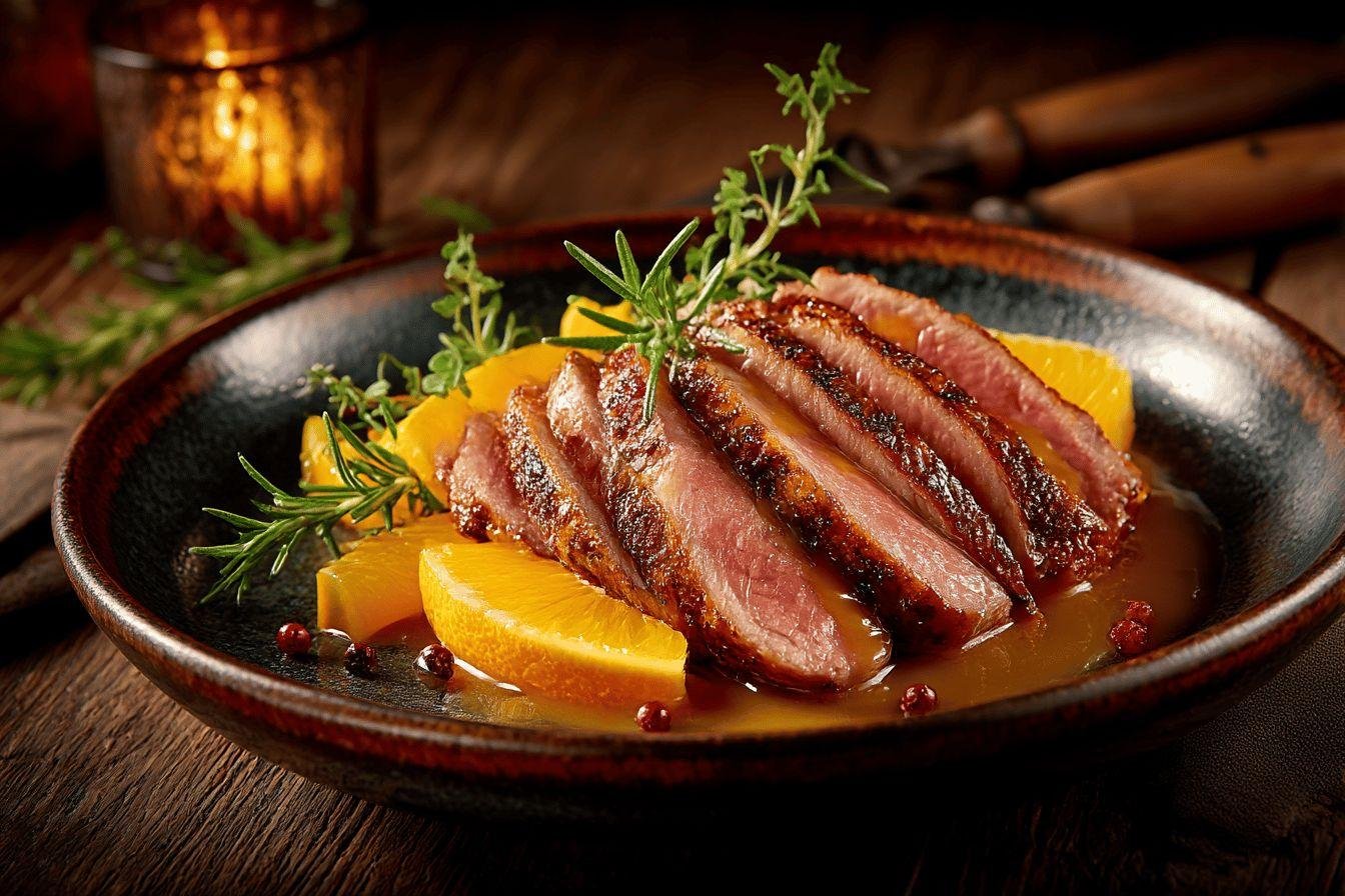 Tranches de viande rosée avec orange et herbes