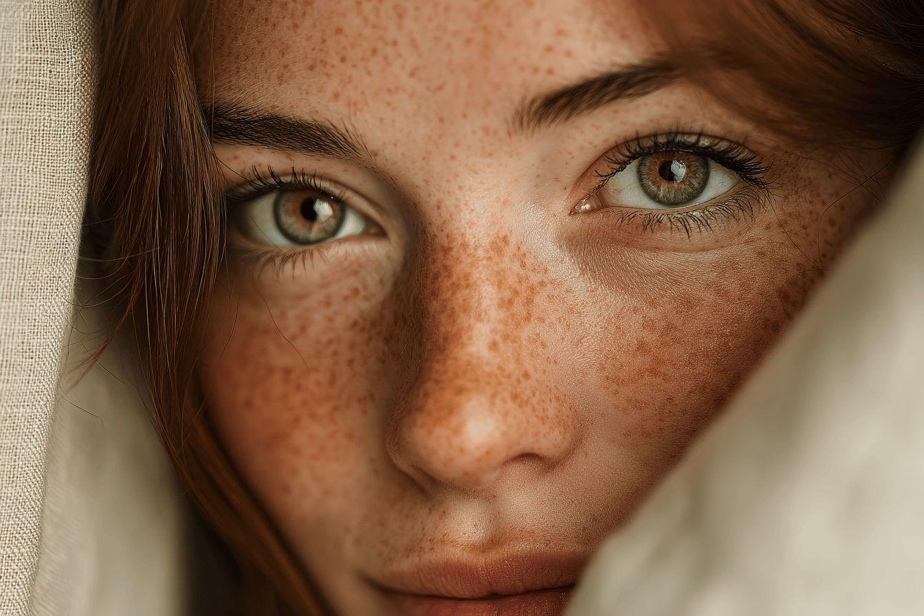 Gros plan sur des yeux verts et des taches de rousseur