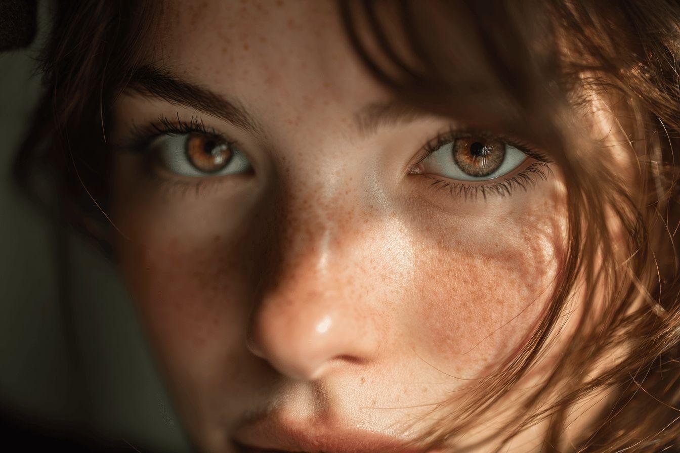Gros plan sur des yeux verts et des taches de rousseur