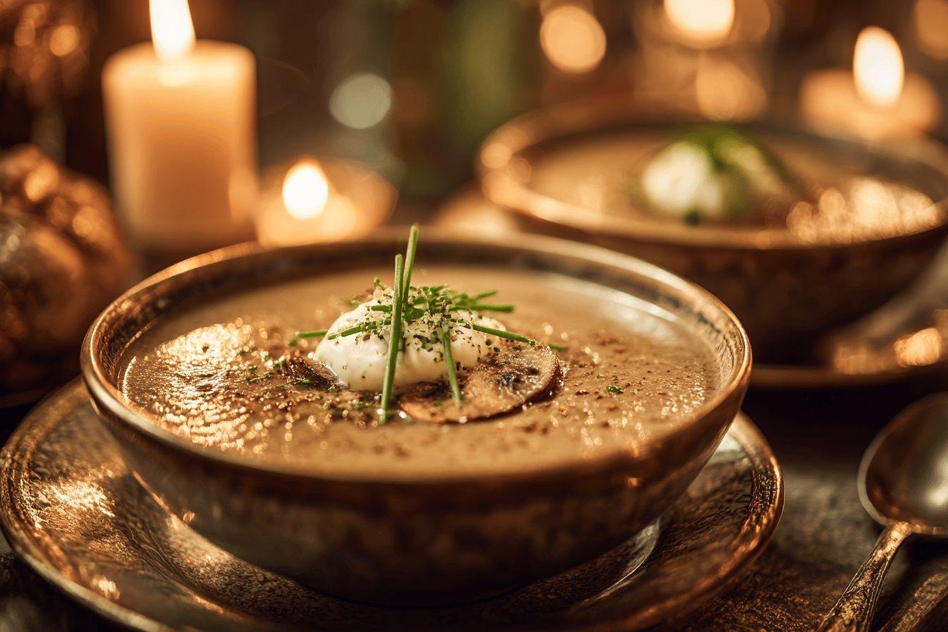 Bol de soupe dorée avec œuf et herbes, bougies en arrière-plan