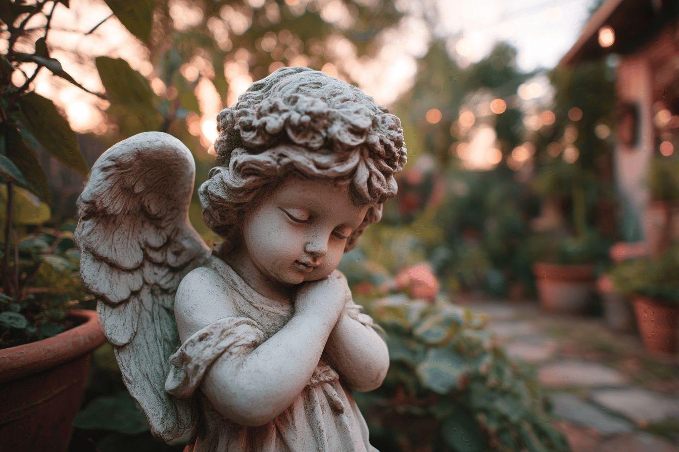 Statue de jardin d'un ange aux yeux fermés avec des ailes