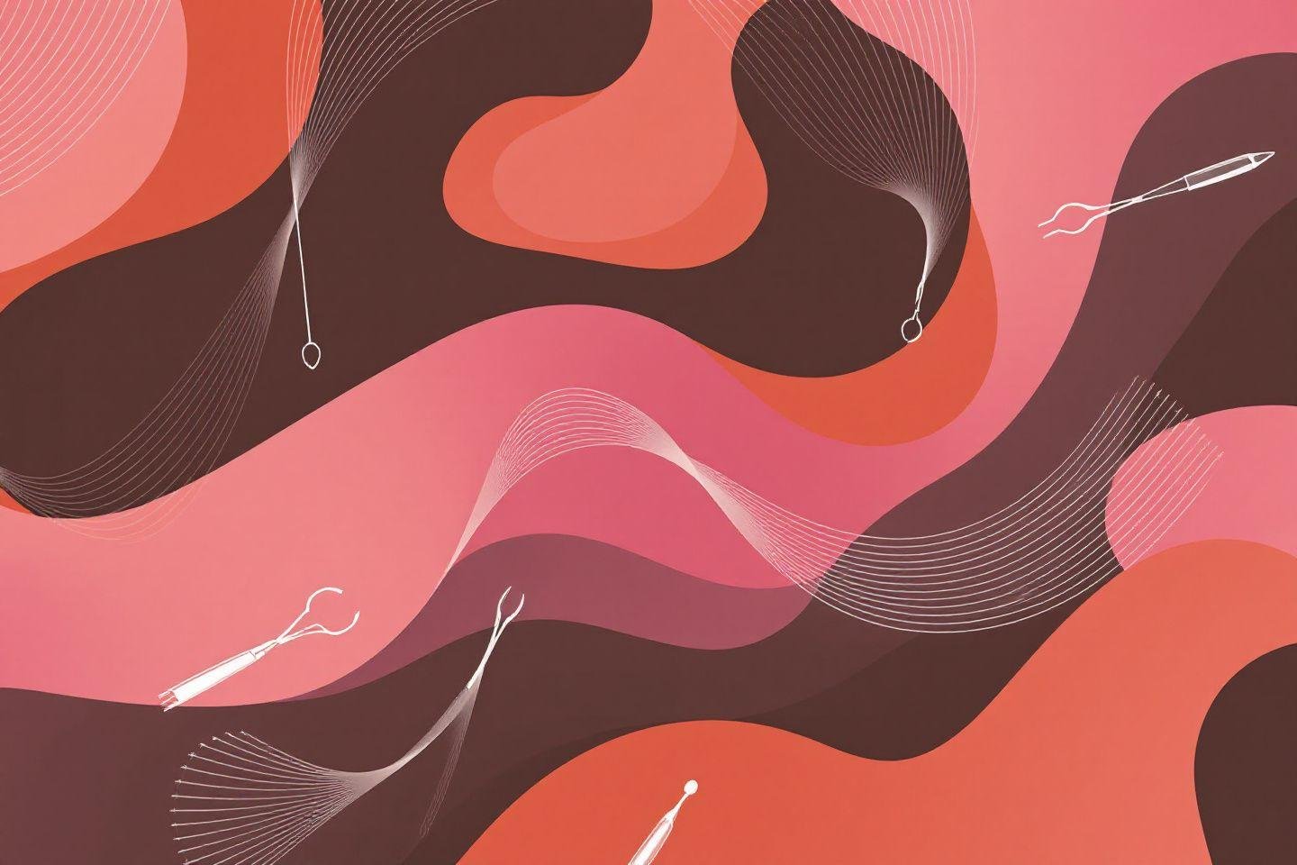 Formes organiques roses et brunes avec instruments élancés