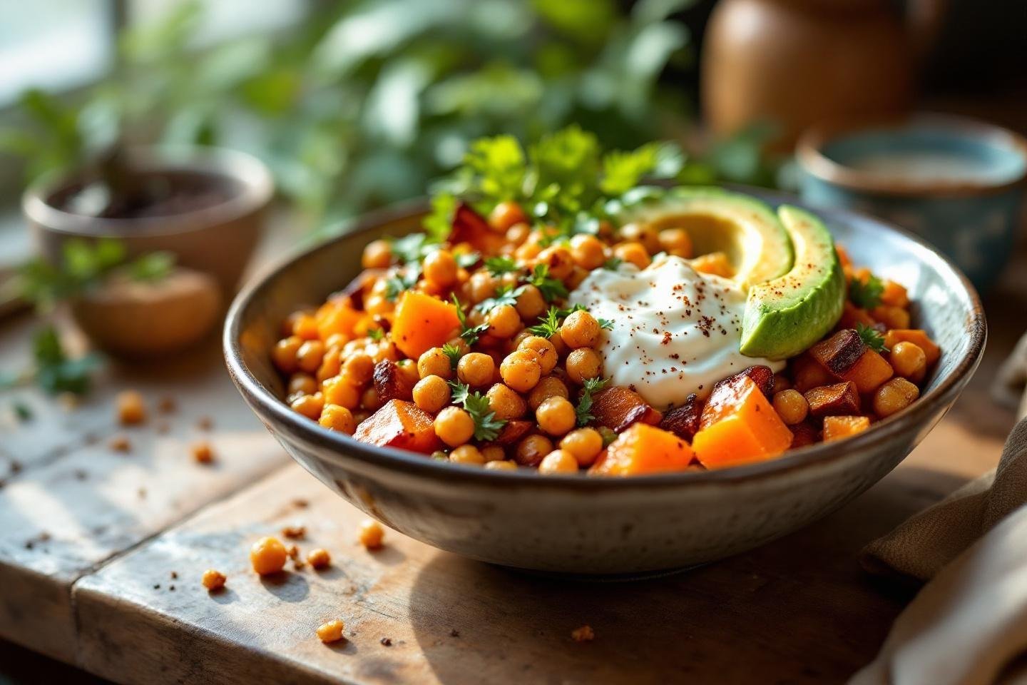 Bol de légumineuses colorées avec avocat et sauce blanche