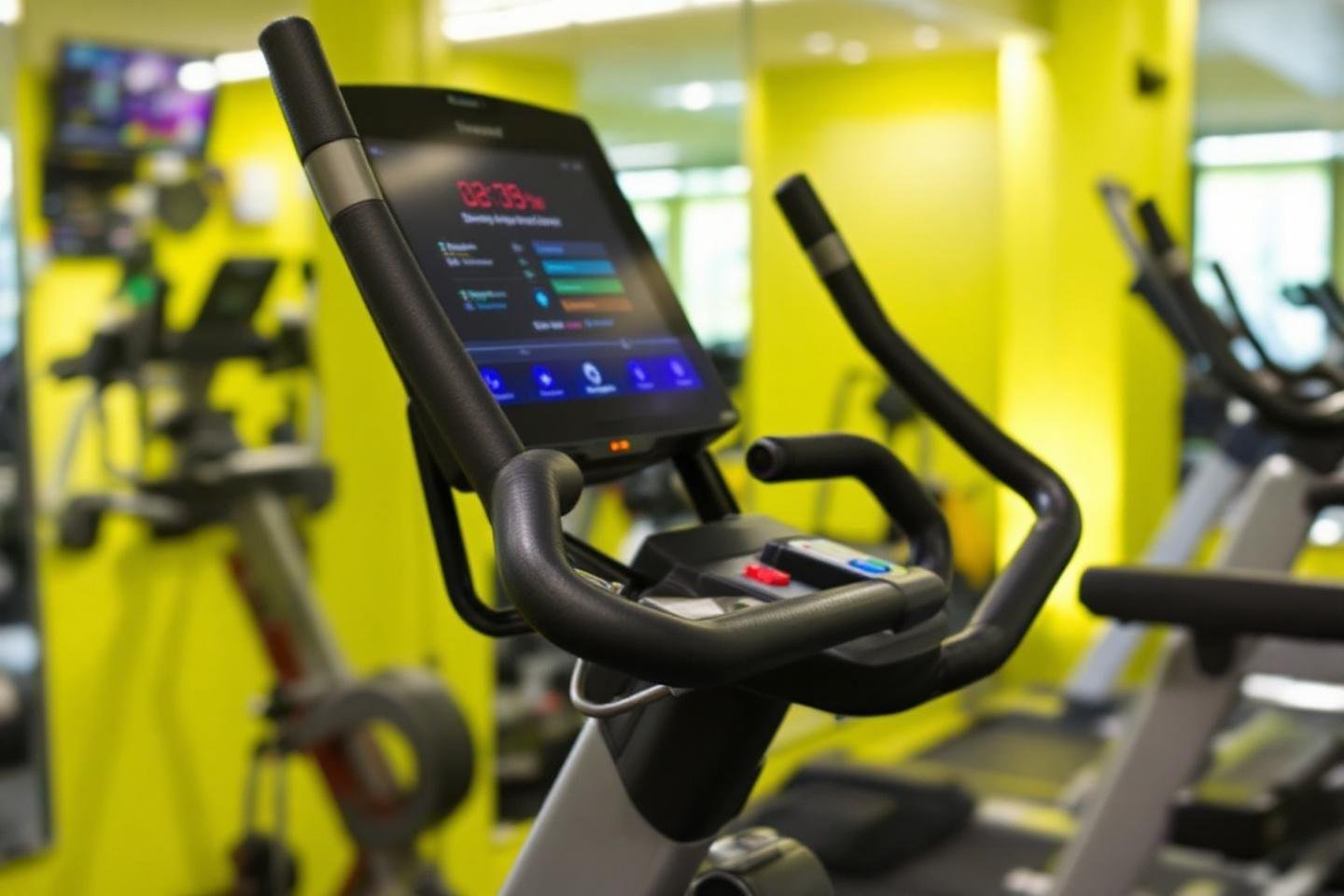 Écran de contrôle numérique sur un vélo d'entraînement jaune