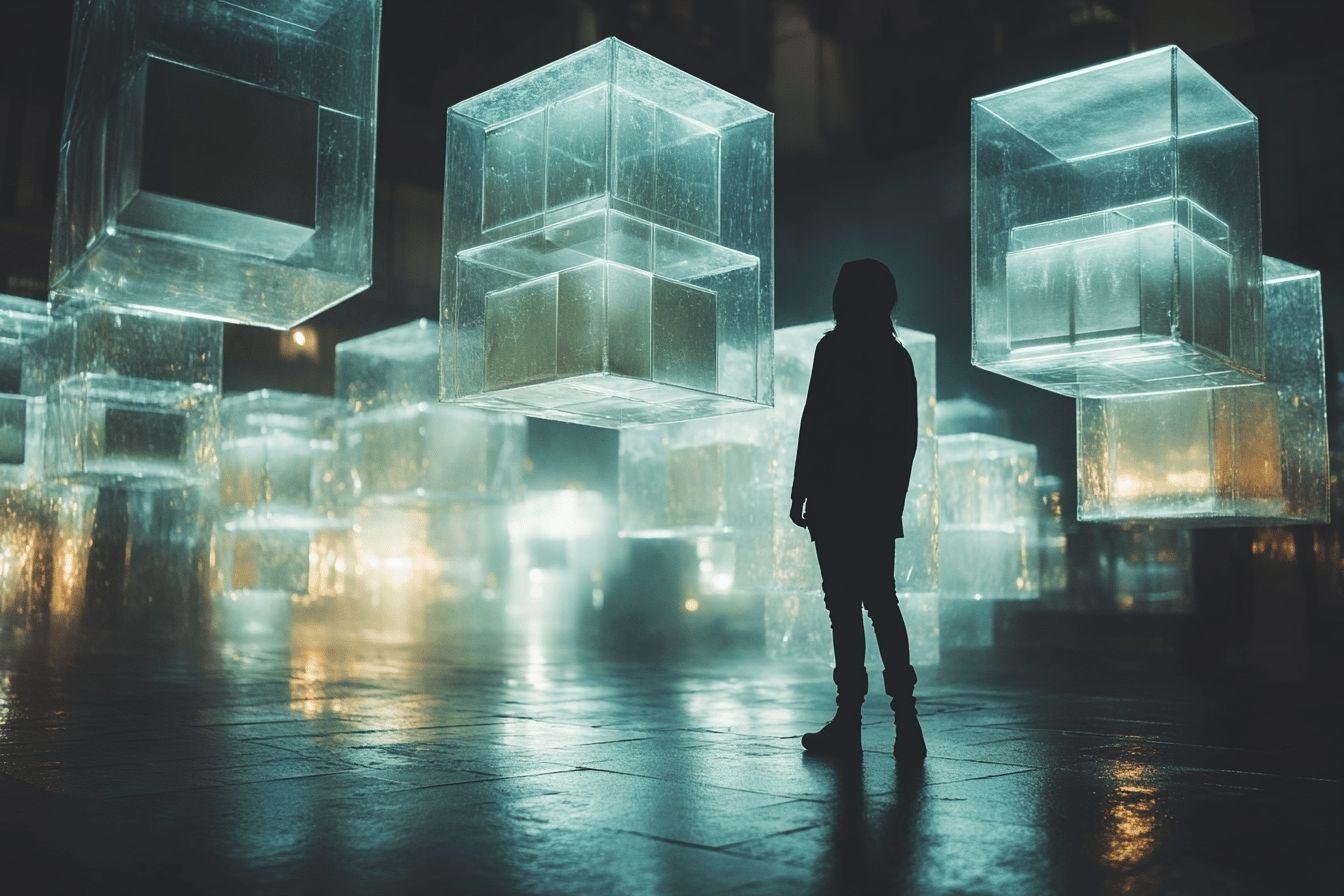 Figure solitaire parmi des cubes translucides éclairés
