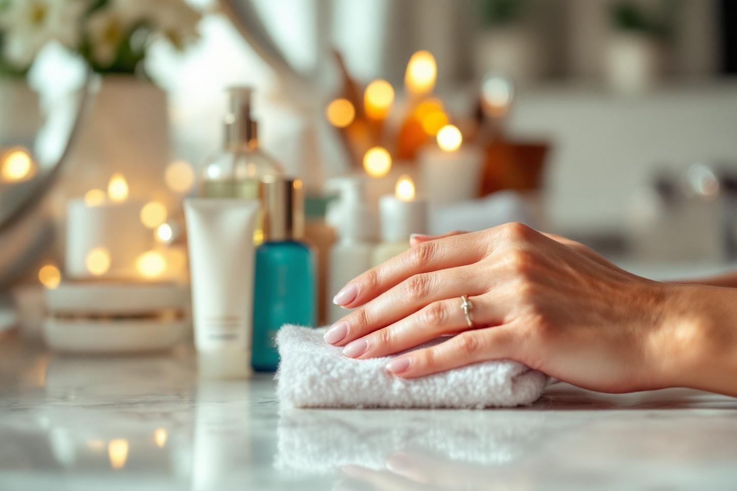 Main sur une serviette blanche avec bougies et produits de beauté