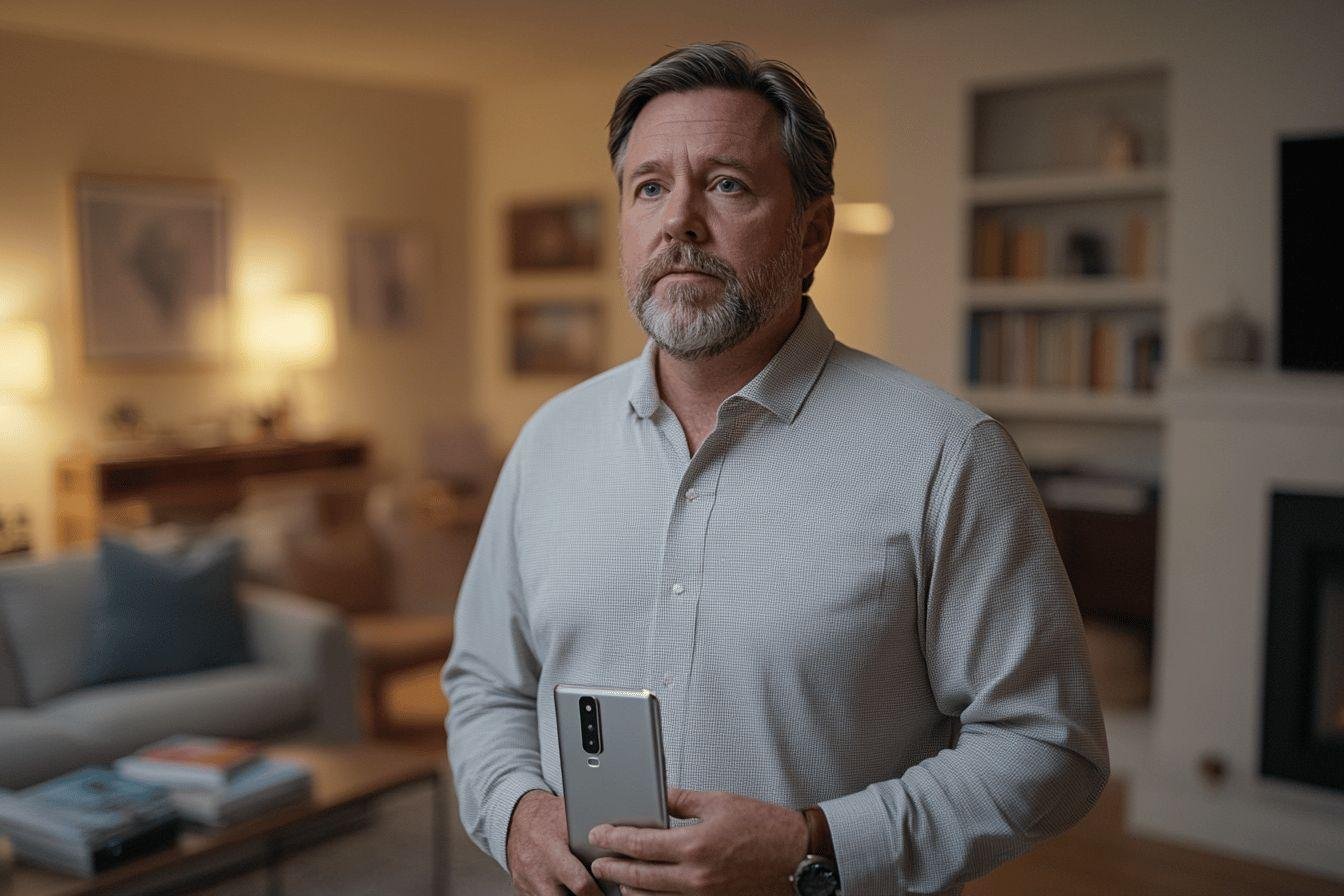 Homme avec barbe grise tenant un téléphone dans un intérieur