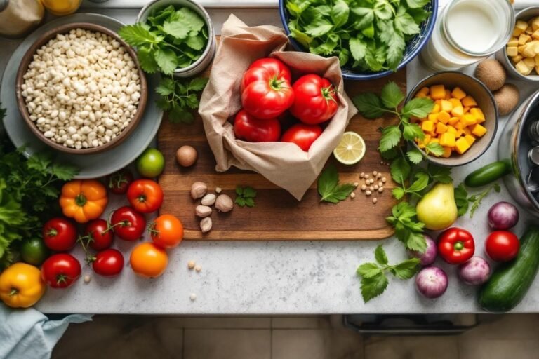 Légumes colorés, haricots blancs et herbes sur une table de cuisine