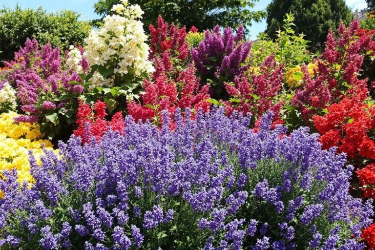 Massif de fleurs avec lavande, lilas, rouges et jaunes