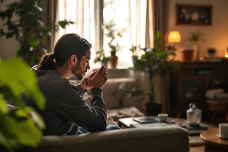Personne méditant dans un salon calme avec des plantes vertes