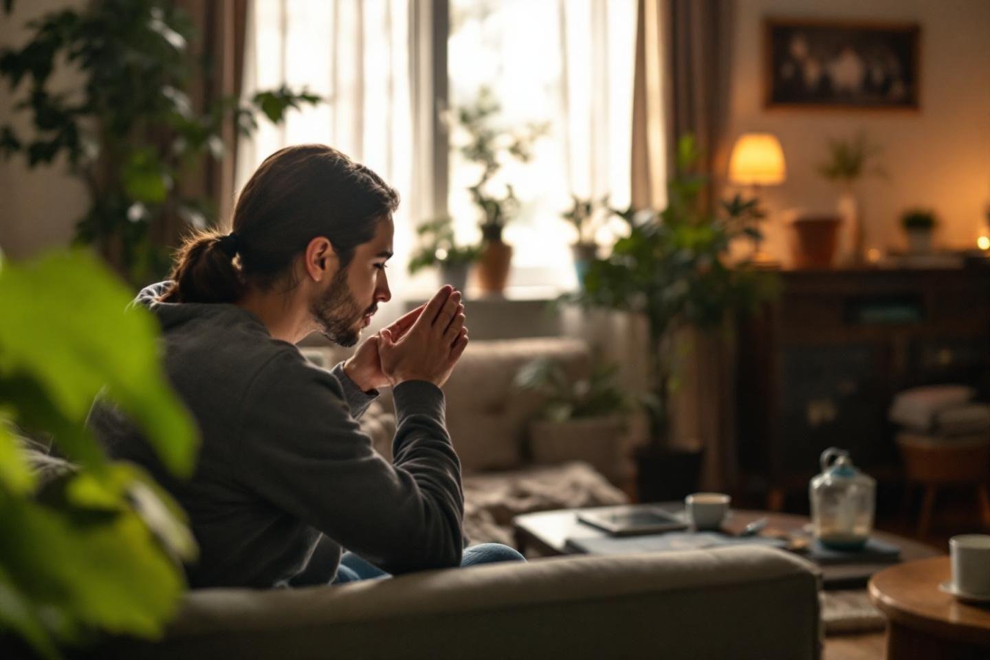 Personne méditant dans un salon calme avec des plantes vertes