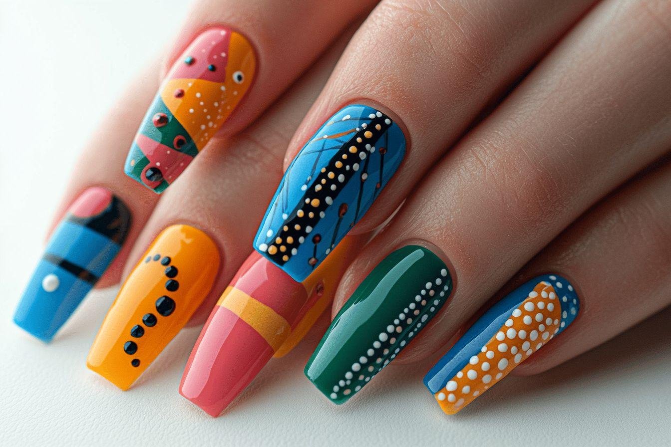 Ongles longs décorés de motifs géométriques multicolores