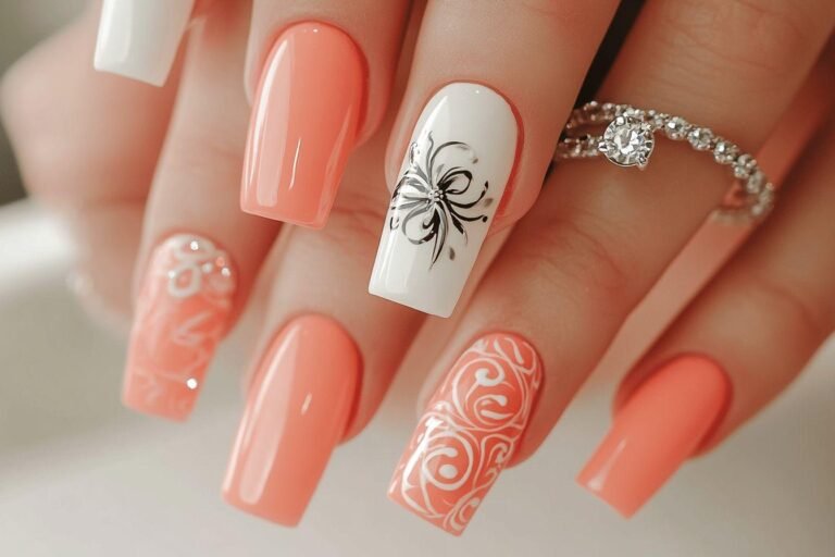 Manucure avec ongles corail et blanc, motifs floraux et strass