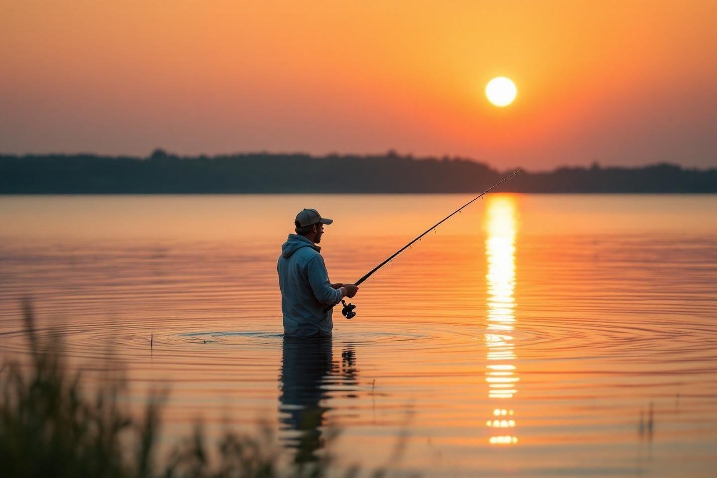 Pêcheur debout dans un lac paisible au lever du soleil