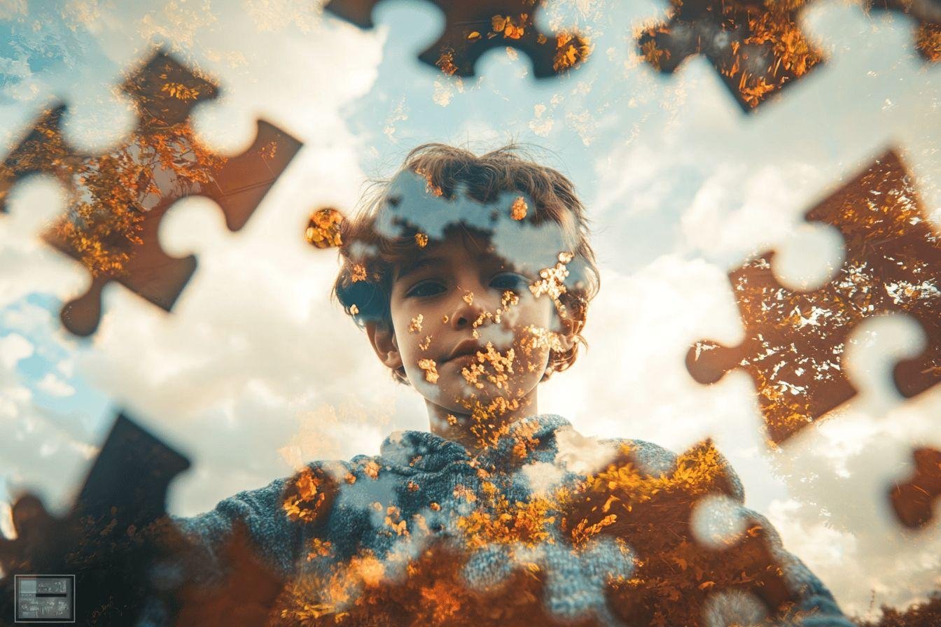 Visage d'enfant entouré de pièces de puzzle orangées