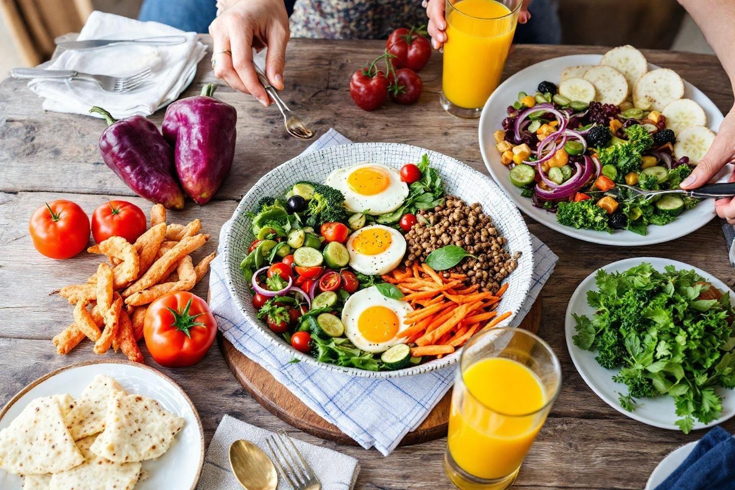 Table avec salade, œufs, légumes frais et jus d'orange