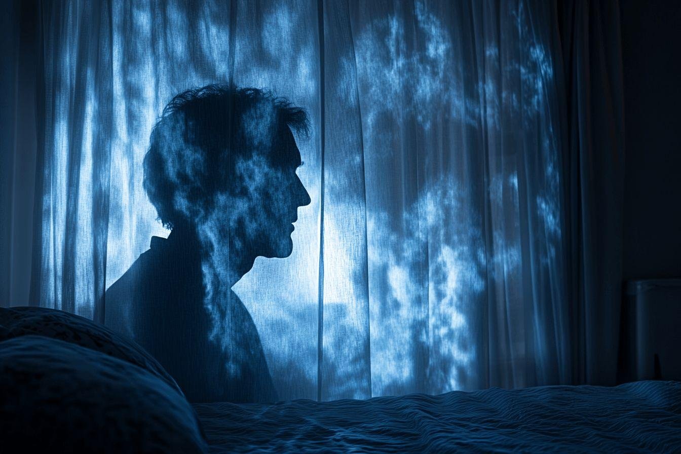 Profil d'une personne dans une chambre bleue sombre