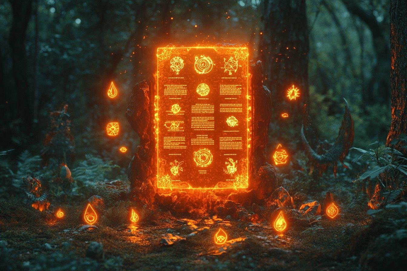 Tableau lumineux orange entouré de flammes dans une forêt sombre