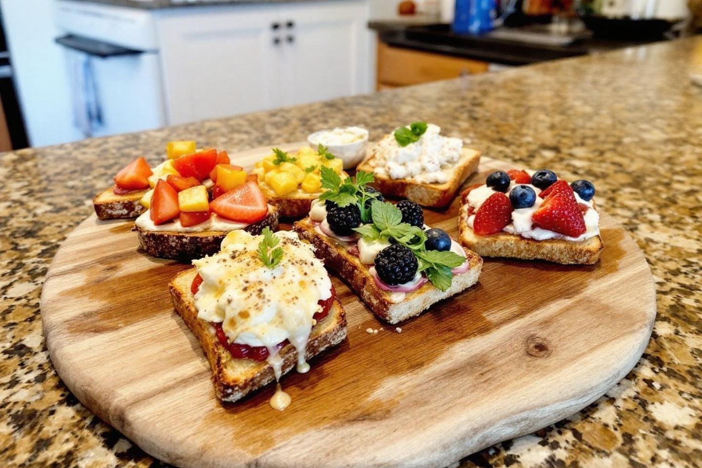 Plateau de toast avec fruits, fromage et décorations vertes