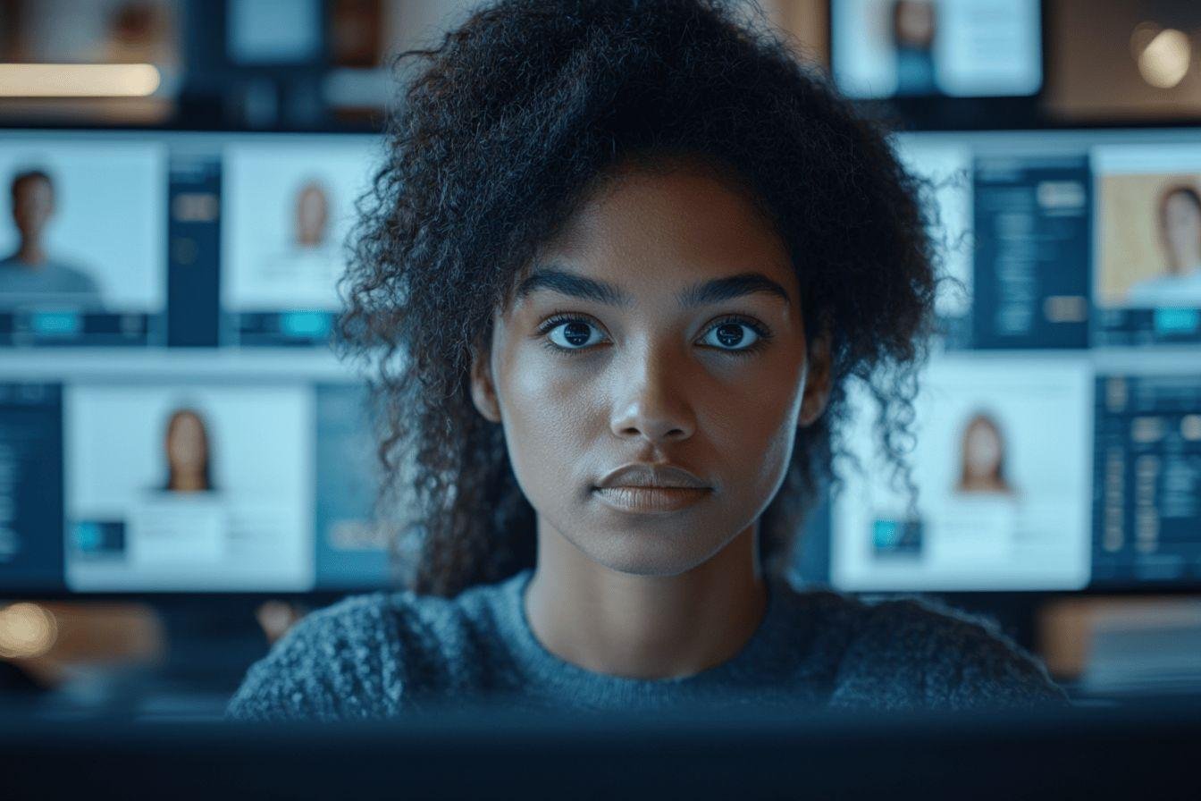Jeune femme concentrée dans un environnement de surveillance technologique