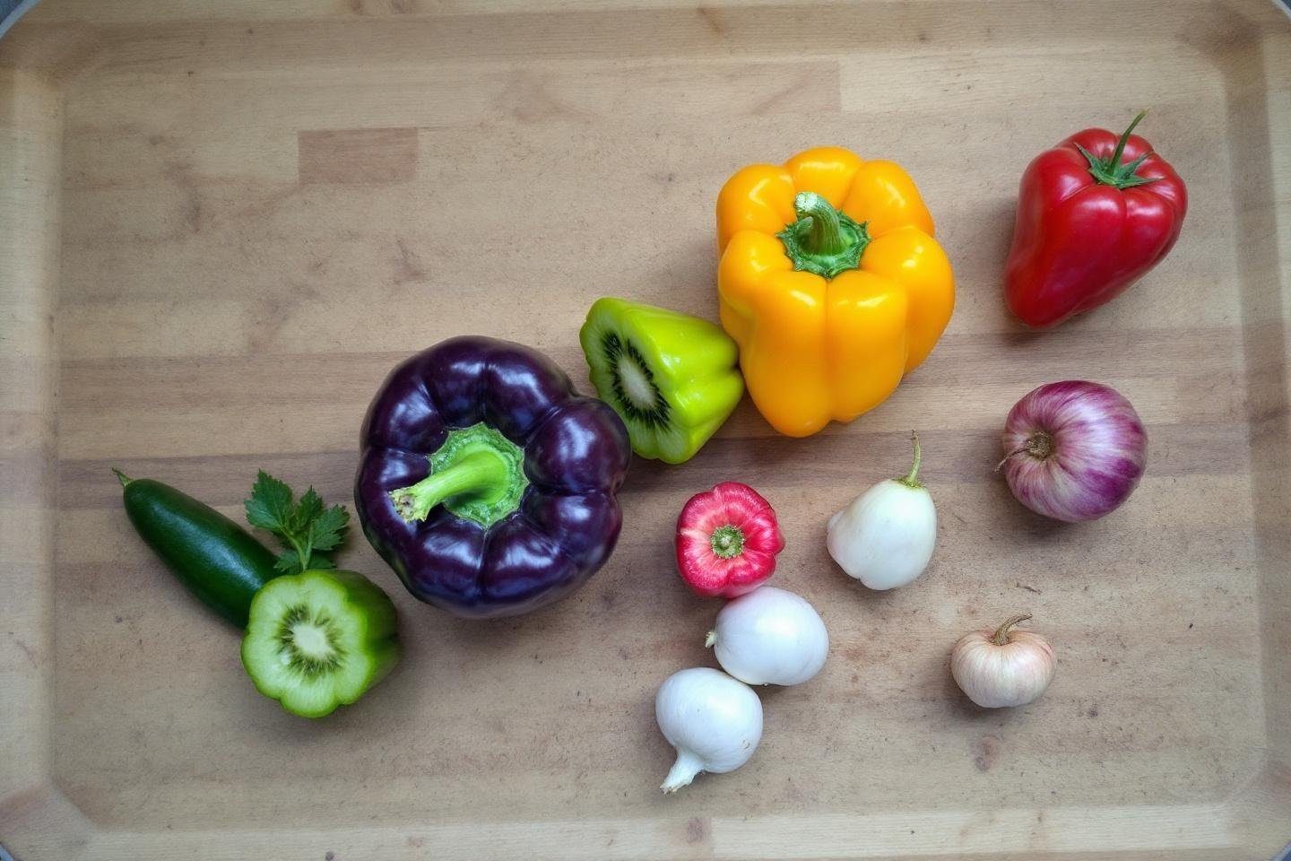 Poivrons, oignons et légumes colorés sur une planche en bois