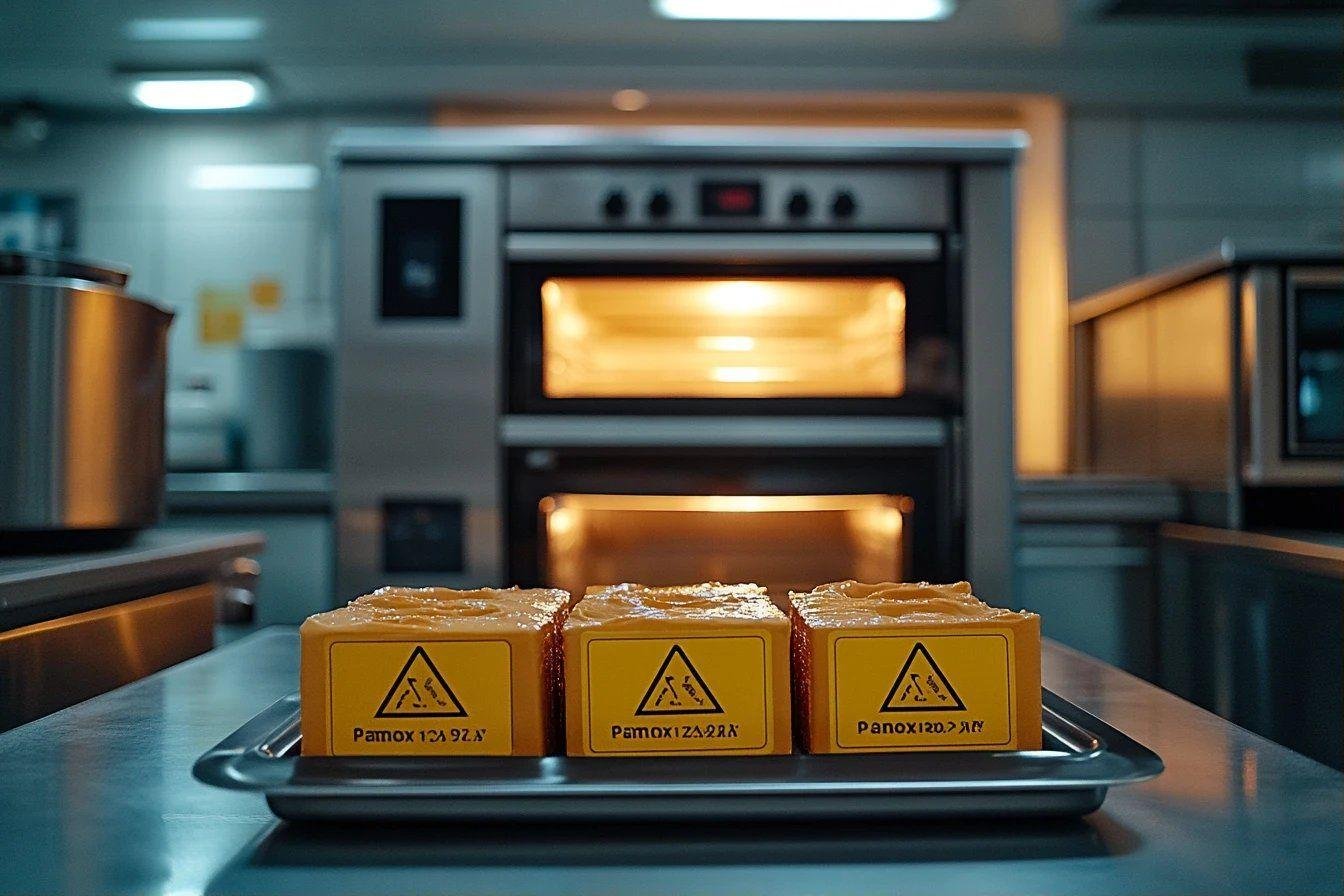 Trois boîtes jaunes marquées de danger dans un four professionnel