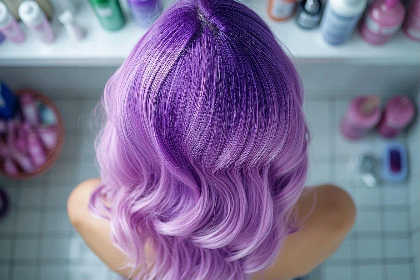 Vue de dos d'une coiffure violet pastel légèrement bouclée