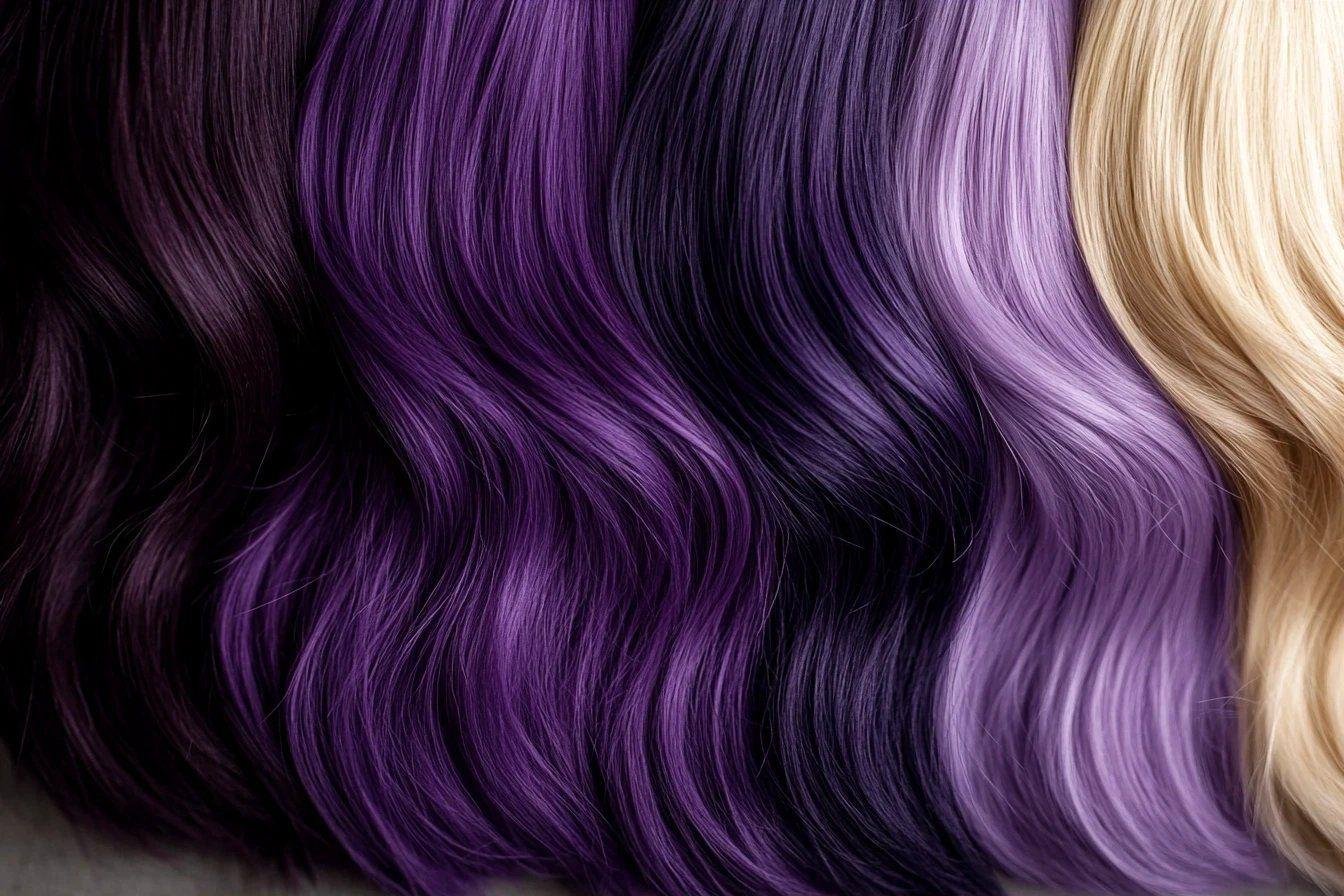 Mèches de cheveux ondulées dans des tons de violet et blond