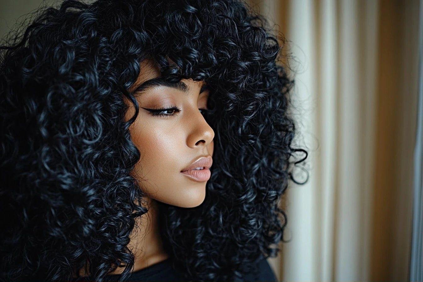 Profil d'une femme aux cheveux bouclés, yeux fermés