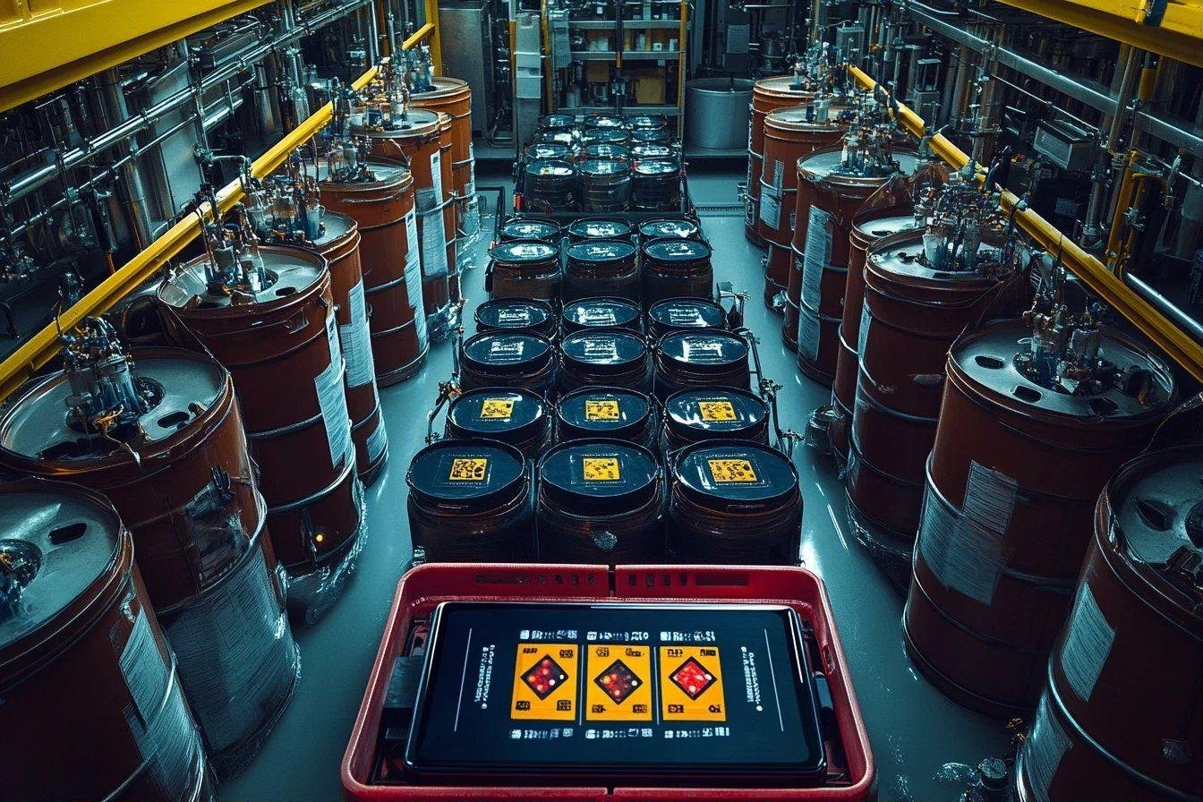 Rangées de barils métalliques avec écrans de contrôle numériques