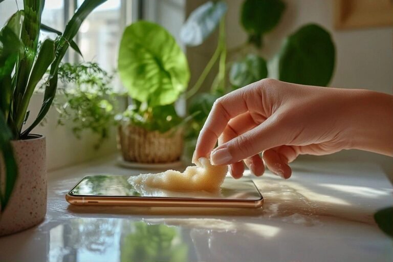 Main touchant un smartphone avec une substance texturée