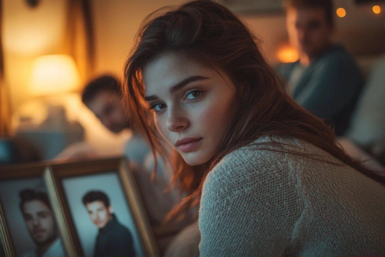Jeune femme pensive, portrait encadré en arrière-plan