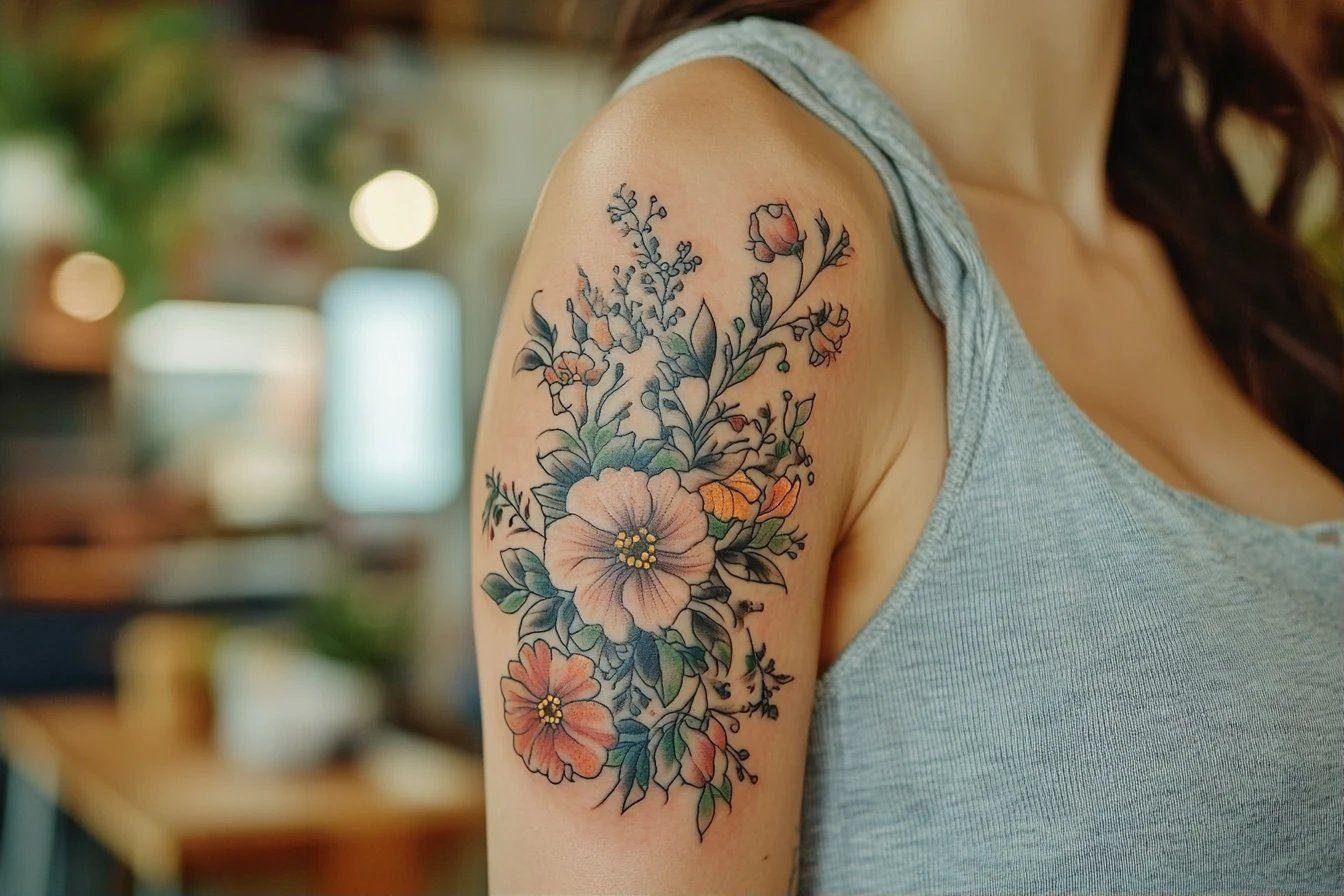 Composition florale colorée de tatouage sur épaule