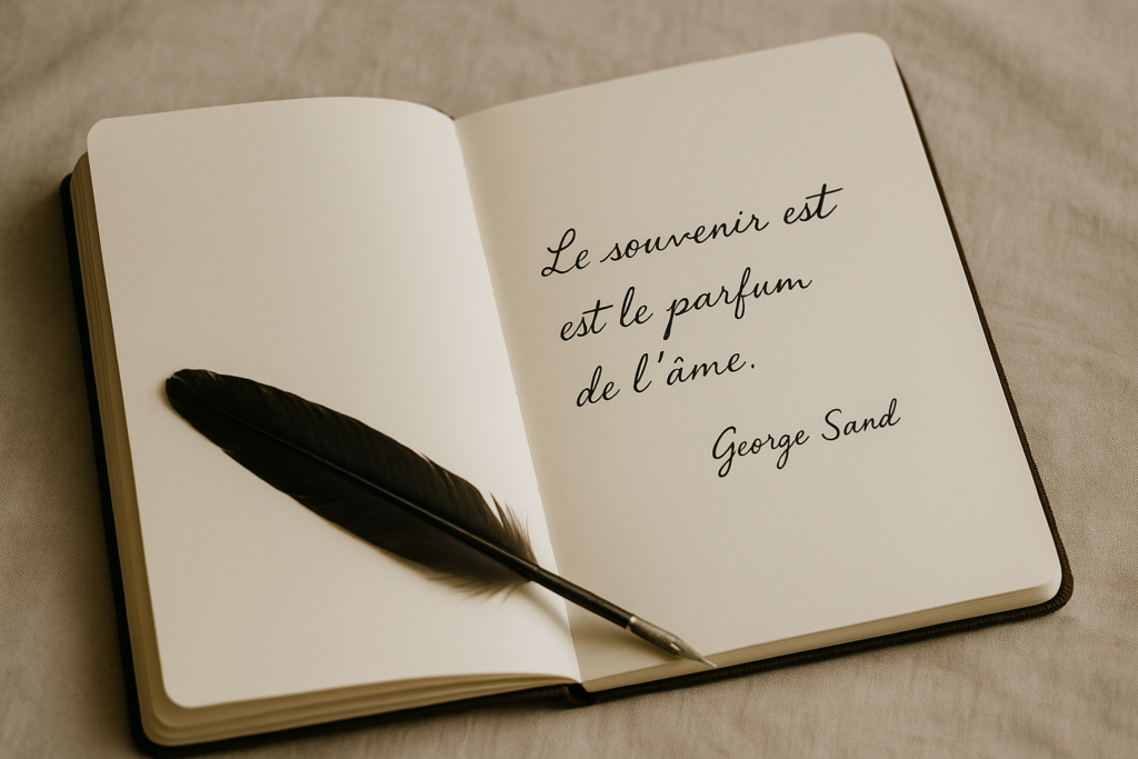 carnet ouvert avec une plume et une citation de deuil