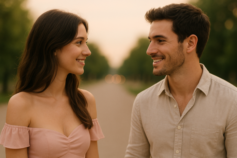 un homme et une femme qui se regardent en souriant
