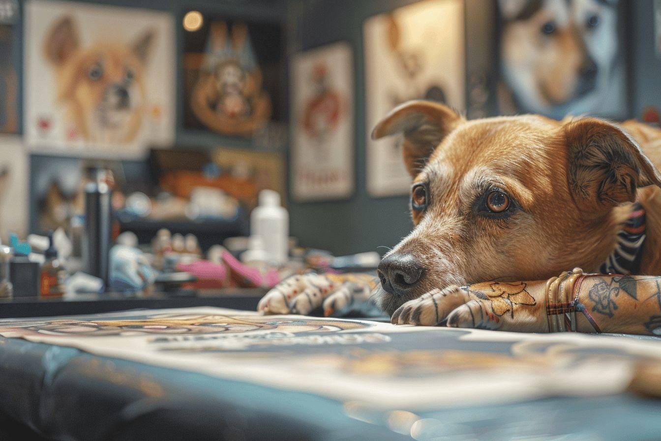 Gros plan sur le visage d'un chien brun avec des tatouages sur ses pattes