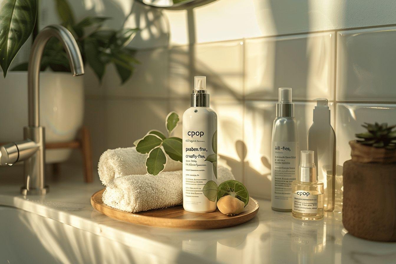 Produits de soin blancs et verts avec serviette et plantes