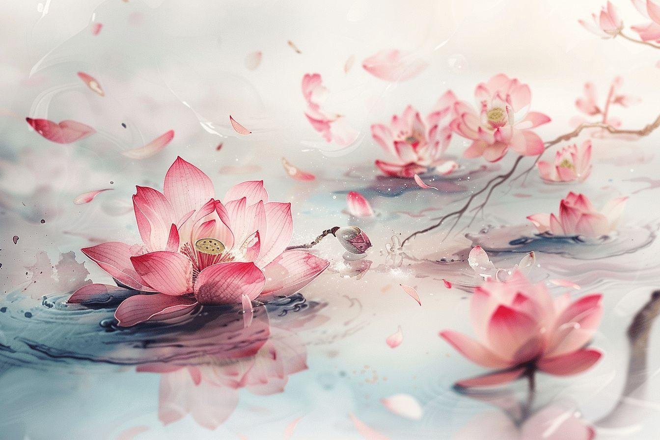 Fleurs de lotus roses épanouies sur l'eau avec des pétales volants