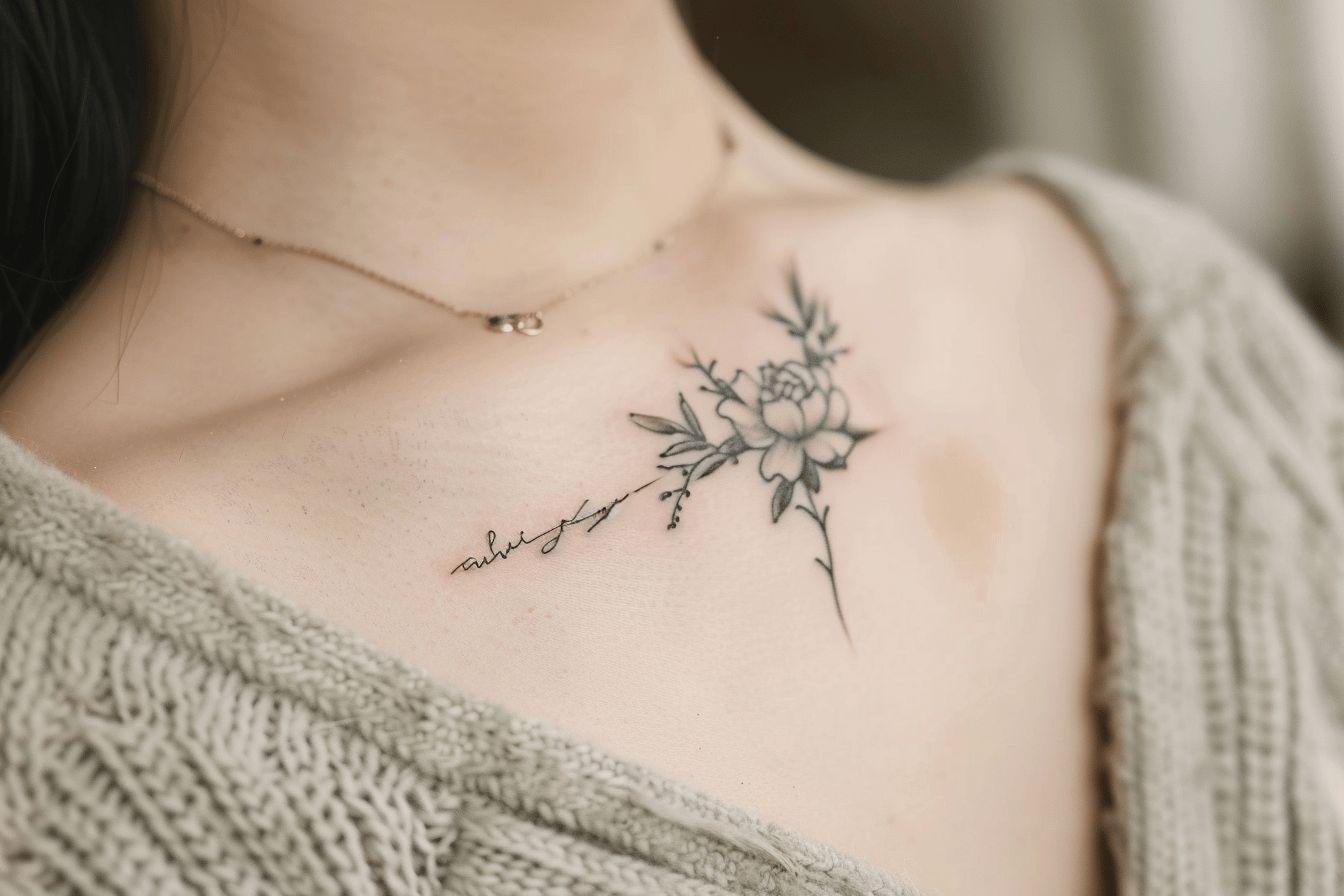 Gros plan sur un tatouage représentant une fleur délicate sur l'épaule