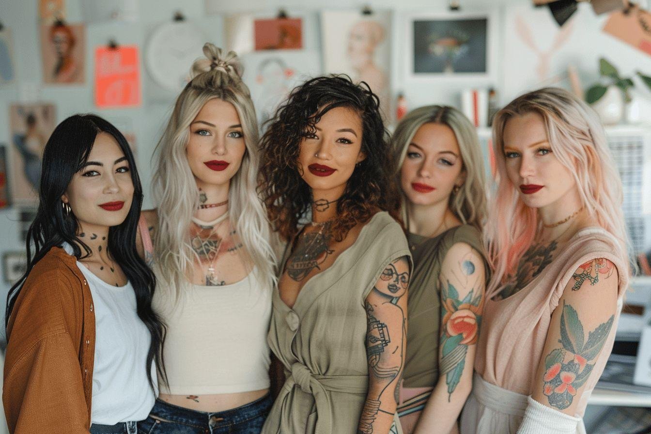 Image de cinq jeunes femmes aux cheveux de différentes couleurs et aux tatouages visibles.