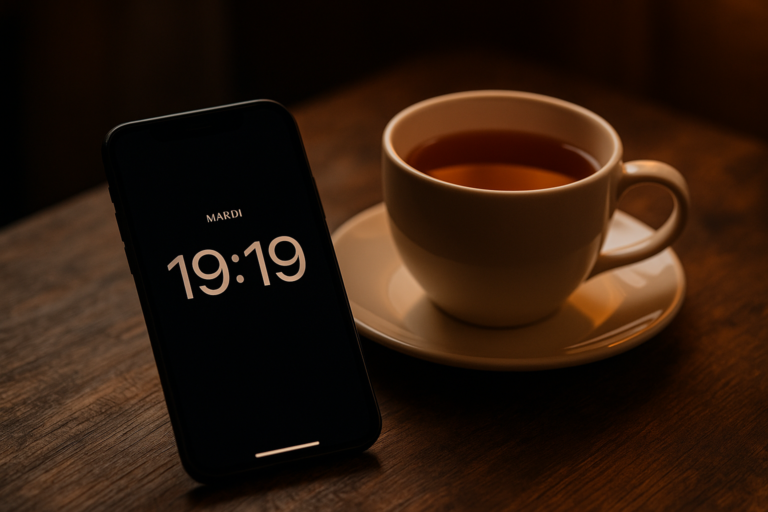 Telephone indiquant 19h19 dans un cadre intime près d'une tasse de thé
