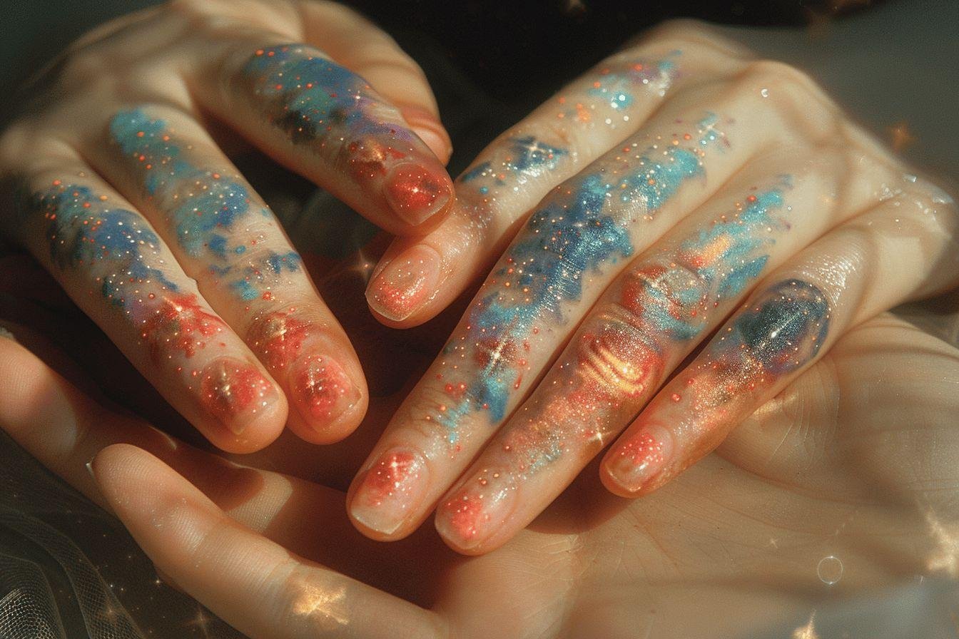 Mains avec vernis coloré et pailleté, aux motifs rappelant des galaxies.