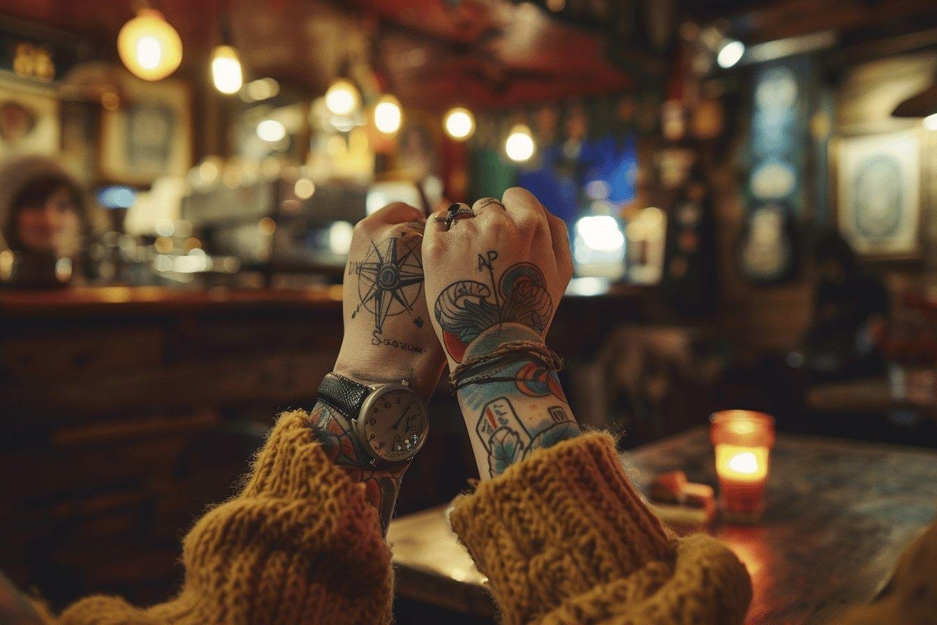 Mains tatouées avec des motifs sur un fond de bar sombre