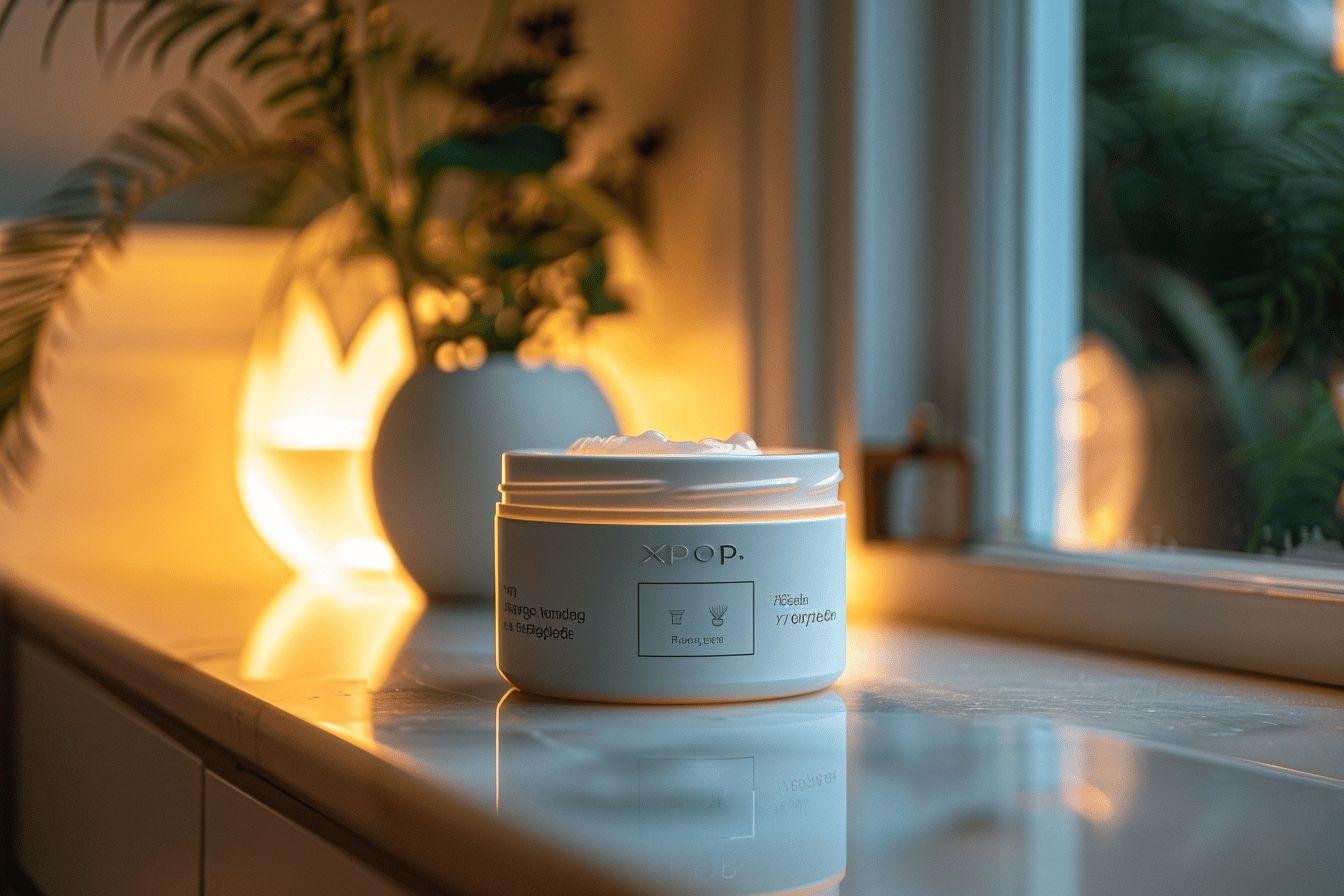 Pot blanc cosmétique Xpop sur surface réfléchissante avec plantes