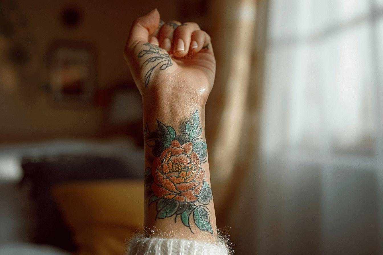 Gros plan d'un bras avec un magnifique tatouage floral coloré
