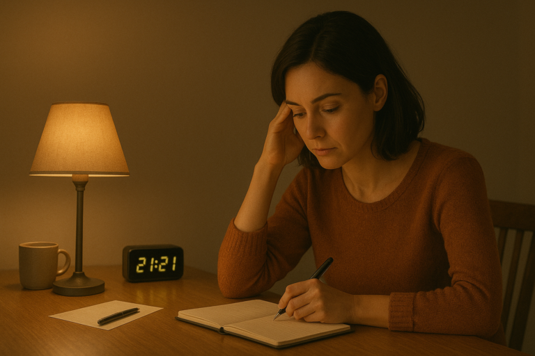 femme qui ecrit dans son journal pendant que le reveil affiche l'heure miroir 21h21