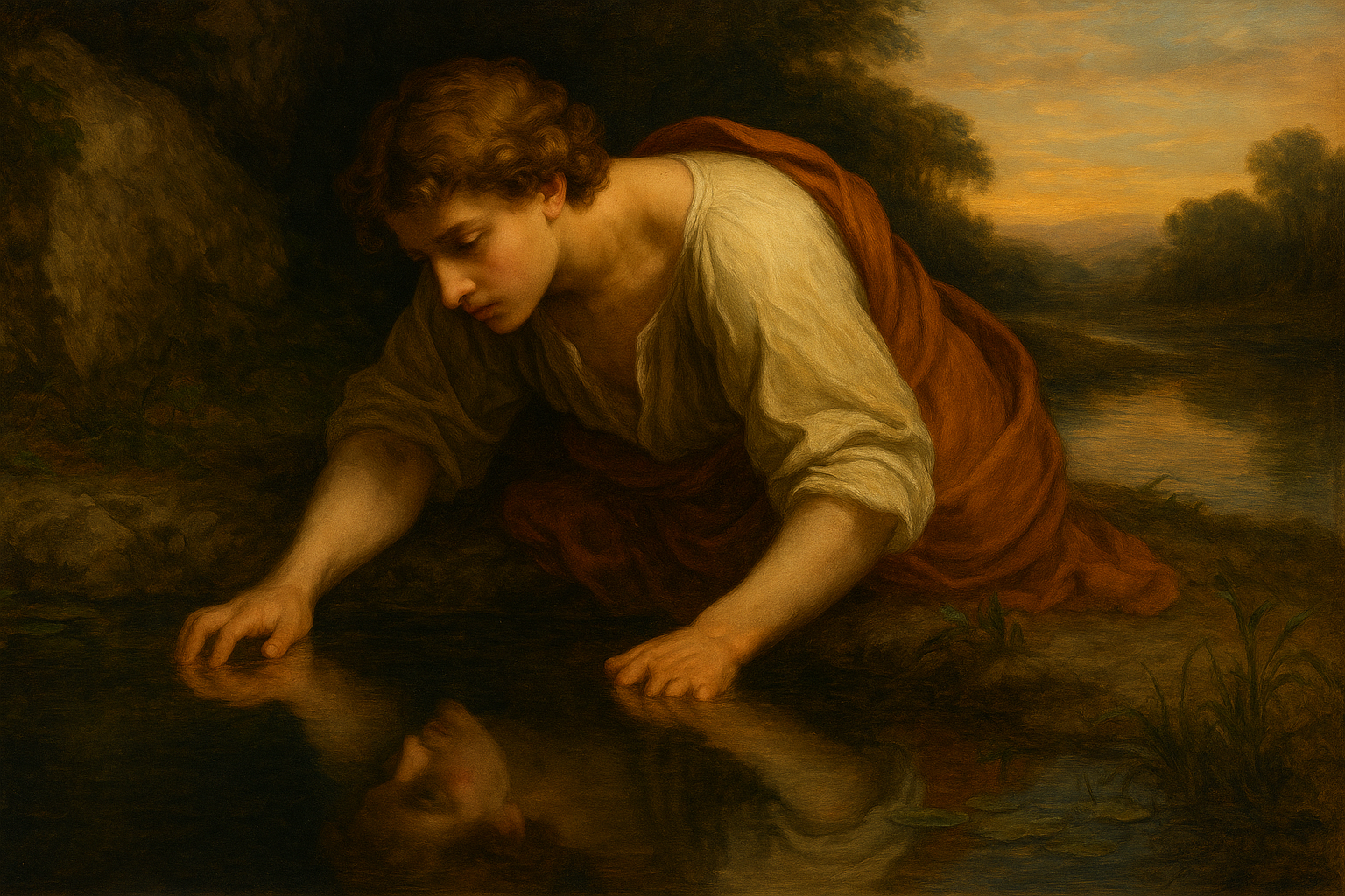 narcisse qui tombe amoureux de son reflet au bord d'un lac